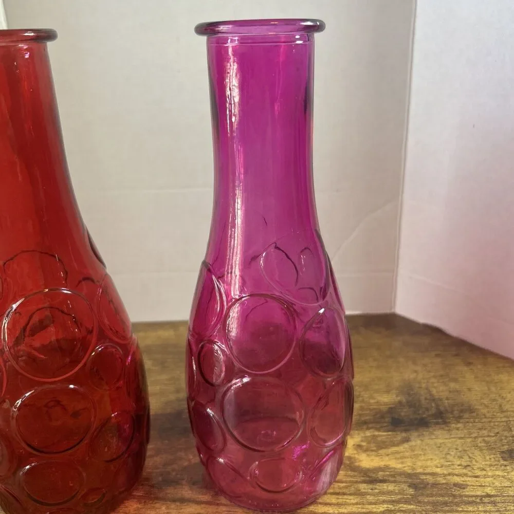 Vintage DPS Circles Vases Red Pink Dots Pair Set 8.5in Retro Mid Century Glass